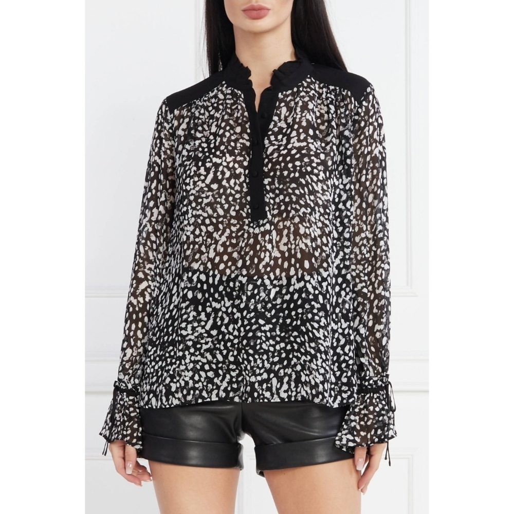 The Kooples Ruffle Grunge Leopard Semi Sheer Top Size 1 Small In Black White NWT